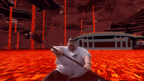 a man in a video game is holding a large axe and the word paretti is on his shirt