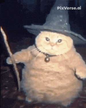 a cat wearing a wizard hat and holding a wand .