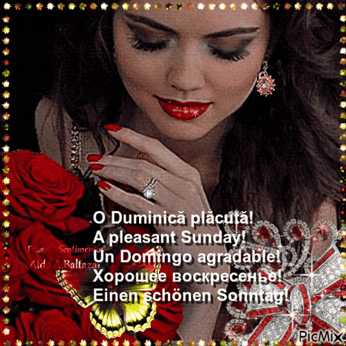 a woman with red lipstick and a ring on her finger is surrounded by red roses
