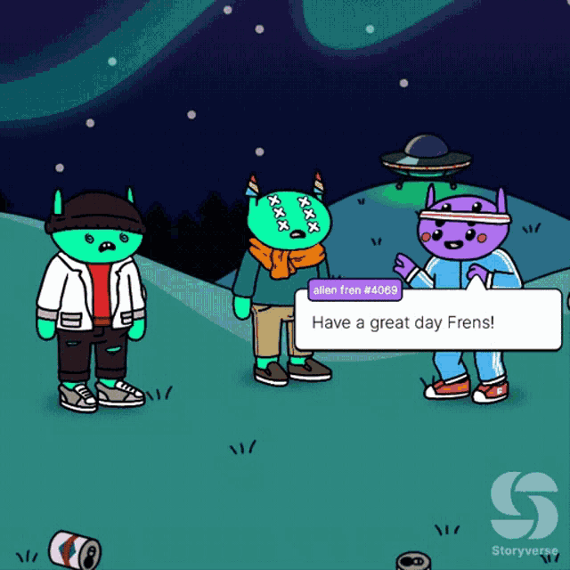 a cartoon of three aliens standing next to each other with one saying have a great day frens