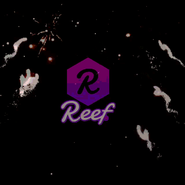 a fireworks display with the reef logo in the foreground