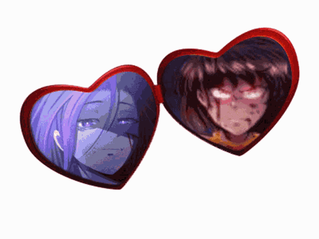 a heart shaped picture frame with two anime characters inside