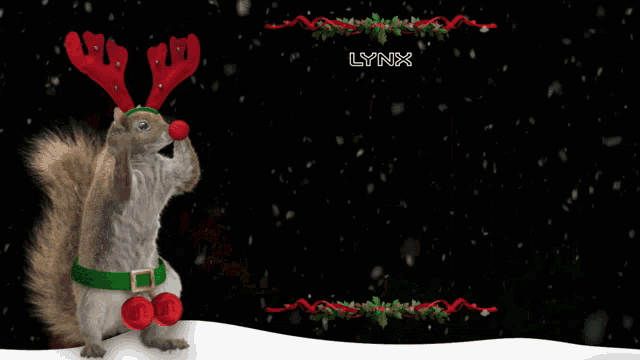 a lynx jingle smells advertisement with a squirrel wearing antlers