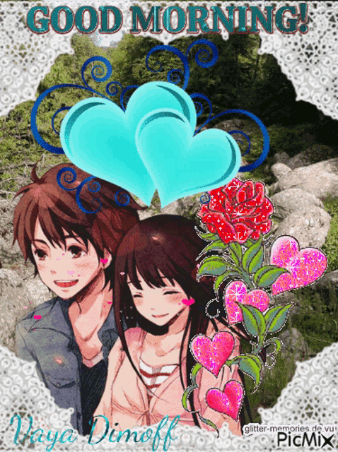 a picture of a boy and a girl with hearts and the words " good morning "