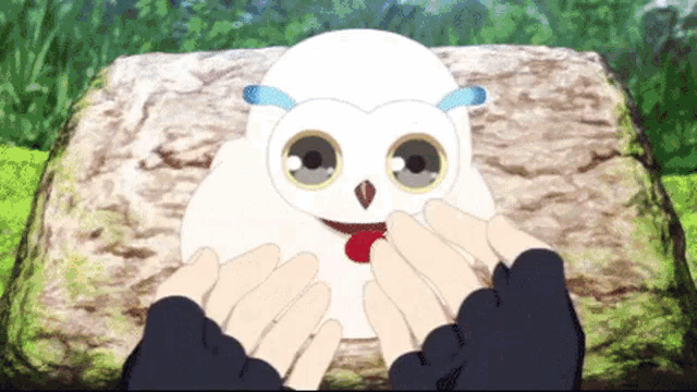 a person is petting a small white owl with a red tongue