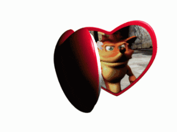 a heart shaped mirror with a picture of crash bandicoot in it