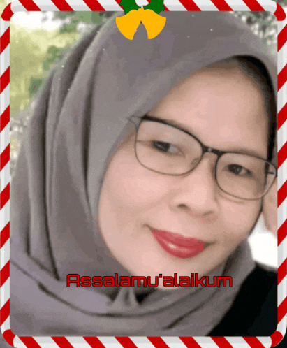 a picture of a woman wearing glasses and a hijab with the words assalamu ' alaikum on the bottom