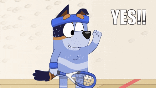 a cartoon of a dog holding a tennis racquet with the word yes in the background