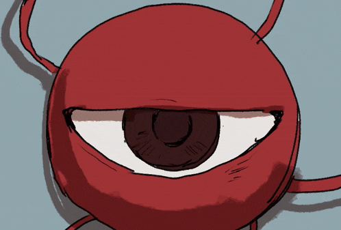 a cartoon drawing of a red circle with an eye and hearts around it
