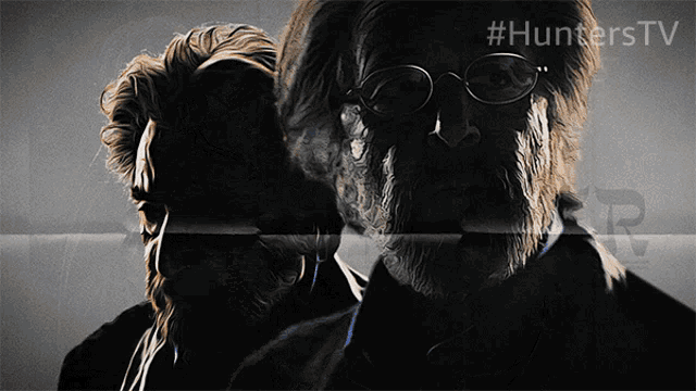 a poster for hunters tv features a man with glasses and a beard