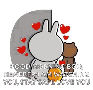 a rabbit and a bear are standing next to each other with hearts .