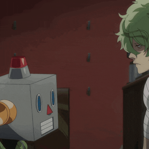 a man with green hair is holding a gun in front of a robot head