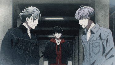 three anime characters are standing next to each other and one of them has a tattoo on his face that says ' hk '