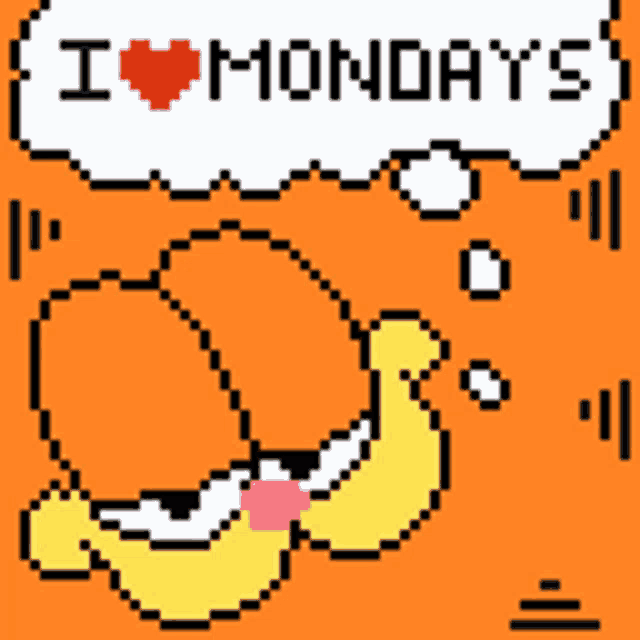a pixel art of garfield with a thought bubble that says " i love mondays "