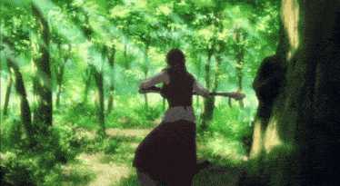 a woman is standing in a forest with a sword in her hand