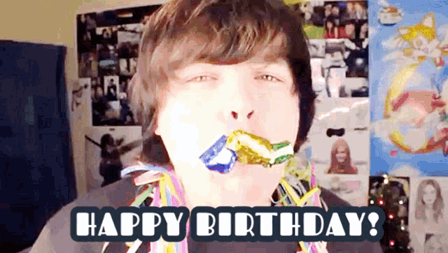 a young man blowing a party horn with the words happy birthday written above him
