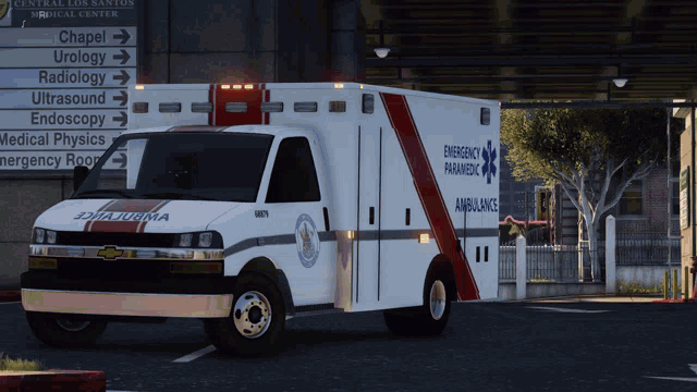 an ambulance is parked in front of a sign for chapel
