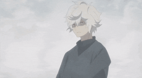 a young man with white hair and a black sweater looks up at the sky