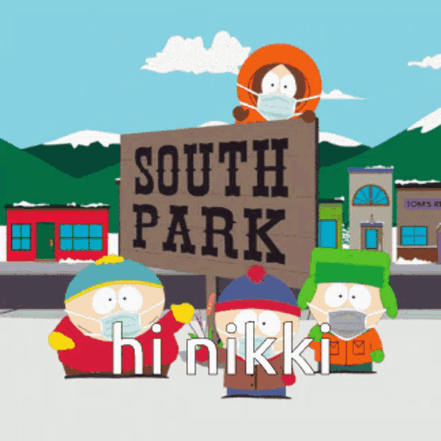 south park characters wearing face masks and holding a sign
