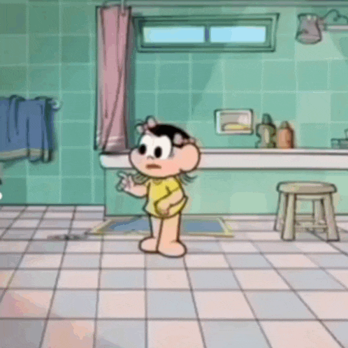 a cartoon character is standing in a bathroom
