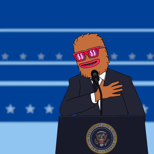 a cartoon character is standing behind a podium that says president of the united states of america