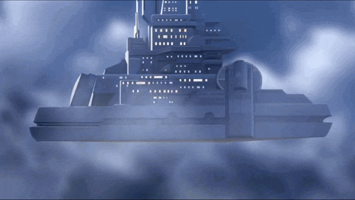 a futuristic ship is flying through the clouds in a foggy sky