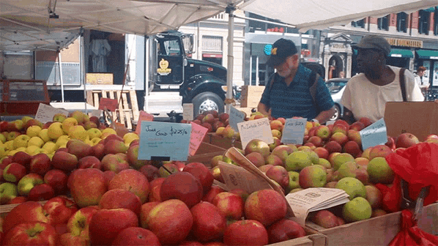 a bunch of apples with a sign that says " good $ 0.26 " on it
