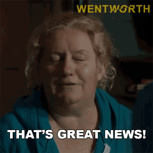 a woman with her eyes closed and the words that 's great news below her