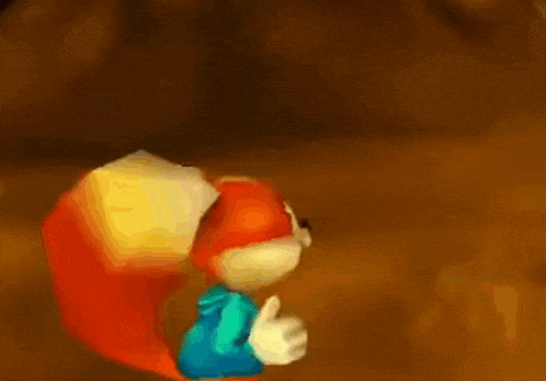 a cartoon squirrel in a blue shirt is standing on a wooden floor .