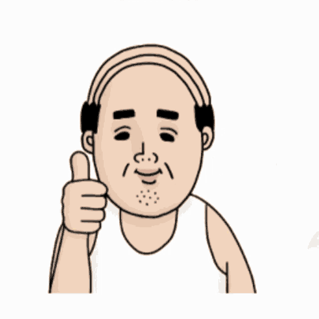 a bald man in a white tank top is giving a thumbs up sign