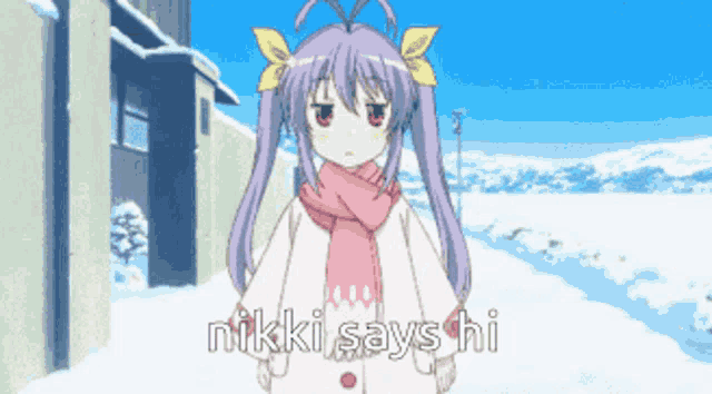 a girl with purple hair and a pink scarf is standing in the snow and says nikki says hi