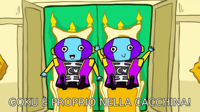 two cartoon characters are sitting next to each other with the words goku e proprio nella cacchia