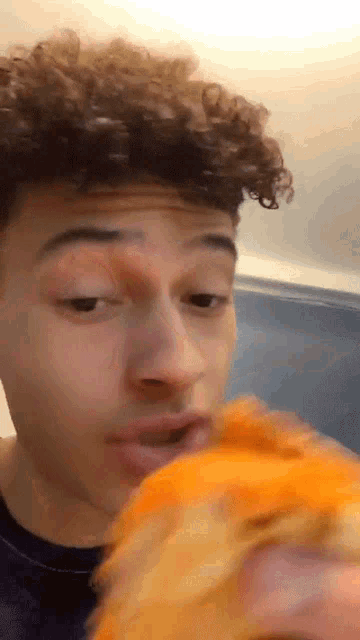 a young man with curly hair is eating a sandwich