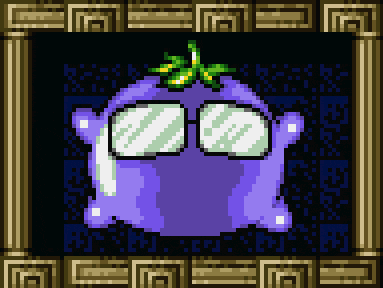 a pixel art drawing of a purple monster with glasses on