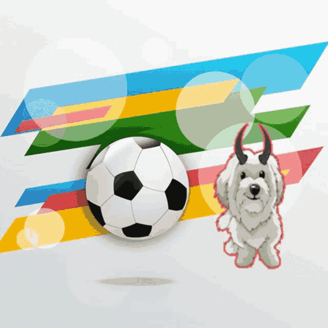 a soccer ball and a goat with horns on a white background