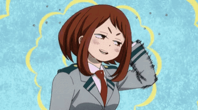 a cartoon girl in a suit and tie is smiling and looking at the camera .