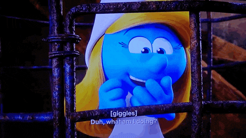 a smurf behind bars with the words giggles duh what am i doing on the bottom