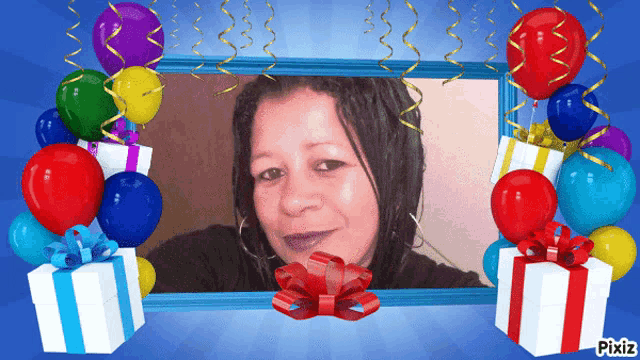 a picture of a woman surrounded by balloons and presents with pixiz written on the bottom right