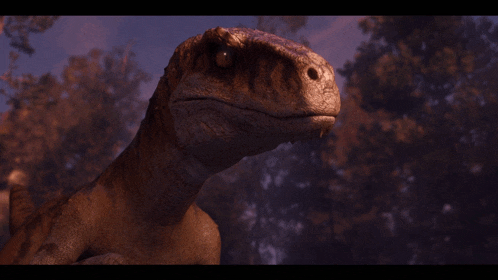 a close up of a dinosaur 's face with a purple sky in the background
