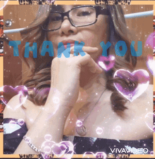 a woman wearing glasses and a necklace is surrounded by hearts and says thank you
