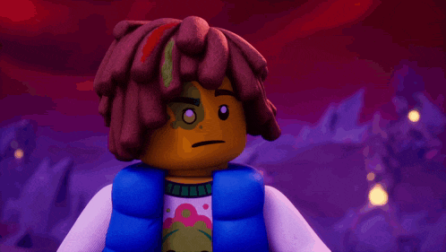 a lego character with a purple background and a purple vest