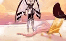 a cartoon character is walking on the beach next to a chair .
