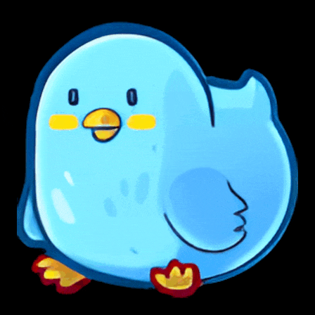 a cartoon drawing of a blue bird with yellow beaks and red feet