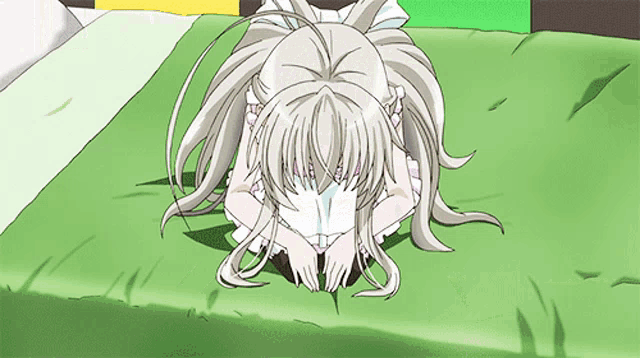 a girl in a white dress is kneeling down on a green blanket