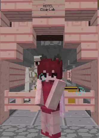 a pixel art of a girl standing in front of a building that says hotel elixir lab