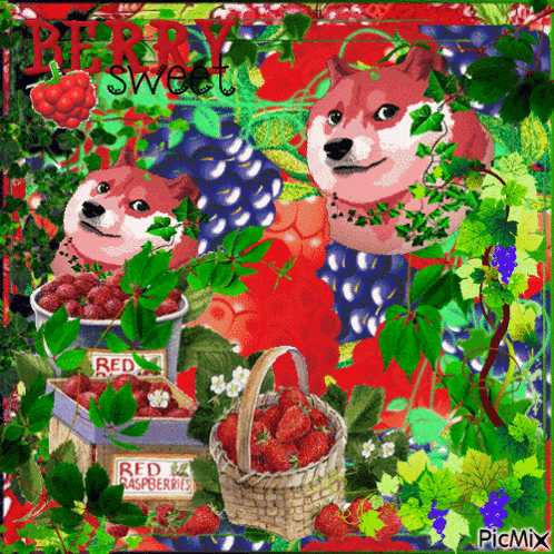 a doge surrounded by berries and a sign that says berry sweet