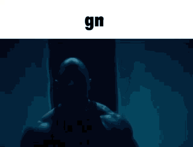 a man is standing in a dark room with the word gn on the bottom .