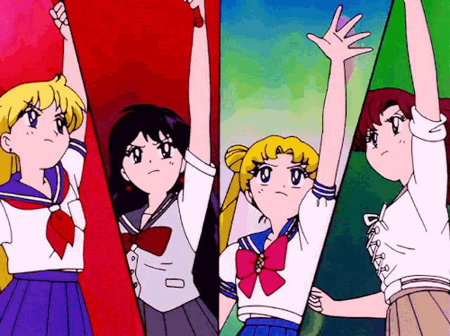 a group of anime girls are standing next to each other with their arms up