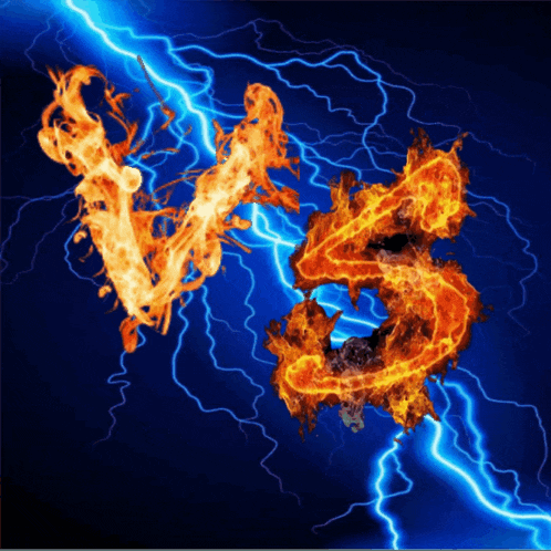 the letters v and s are on fire and lightning is behind them