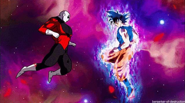 a cartoon of a man in a red and black suit fighting another man in a purple suit